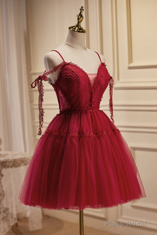Burgundy Spaghetti Straps V Neck A Line Tulle Short Homecoming Dresses Secondary image