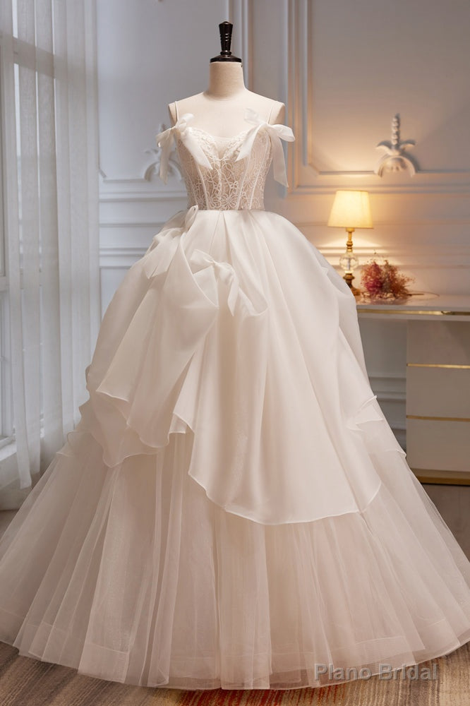 Elegant Ivory Spaghetti Straps Ball Gown with Bowknot A Line Tulle Long Prom Dresses Main image