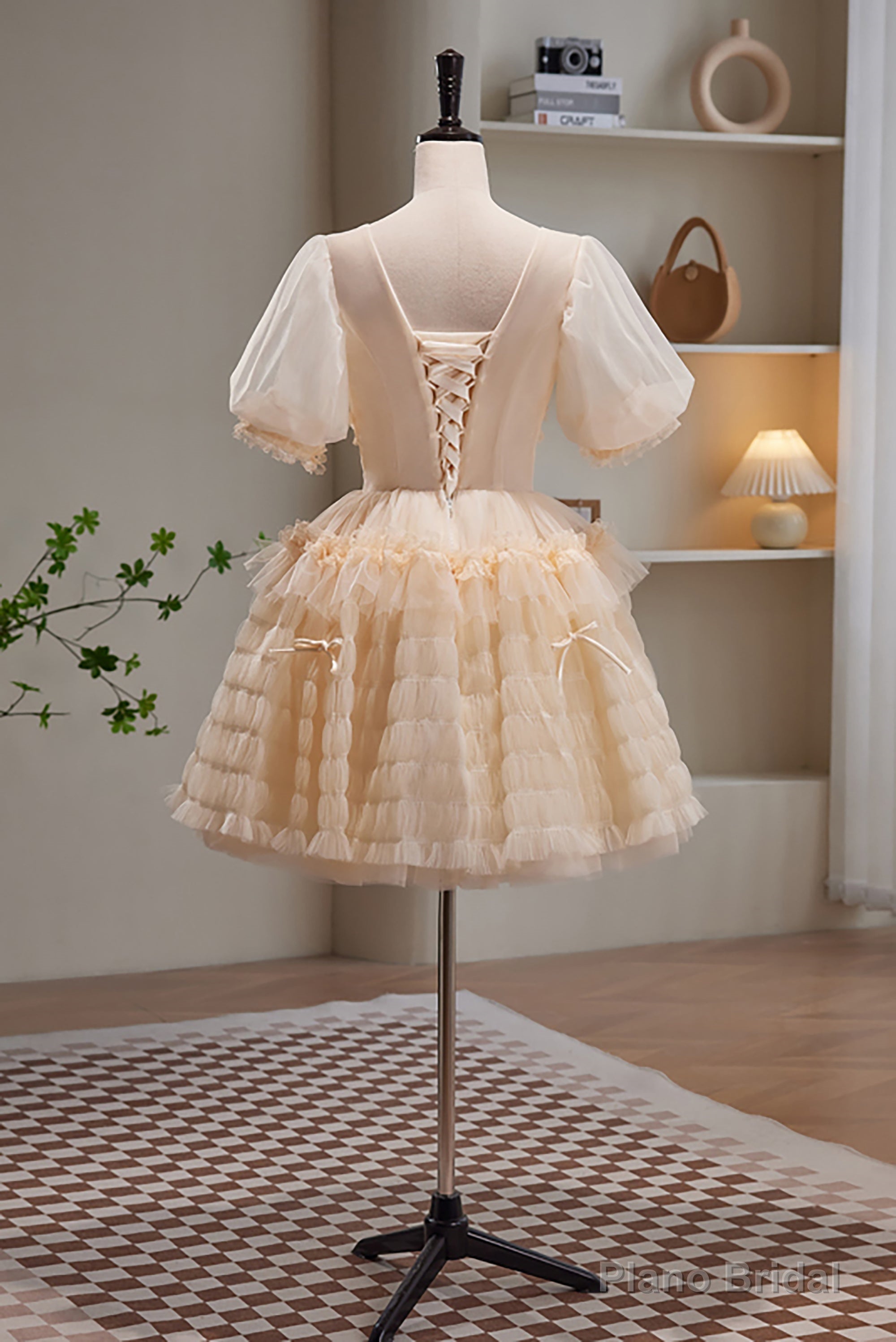 Champagne V Neck Short Sleeves Tulle Short Homecoming Dresses Main image
