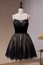 Black Spaghetti Straps Lace Tulle Short Homecoming Dresses