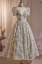 Gorgeous Short Sleeves Prom Dress with Beads and Floral Appliques