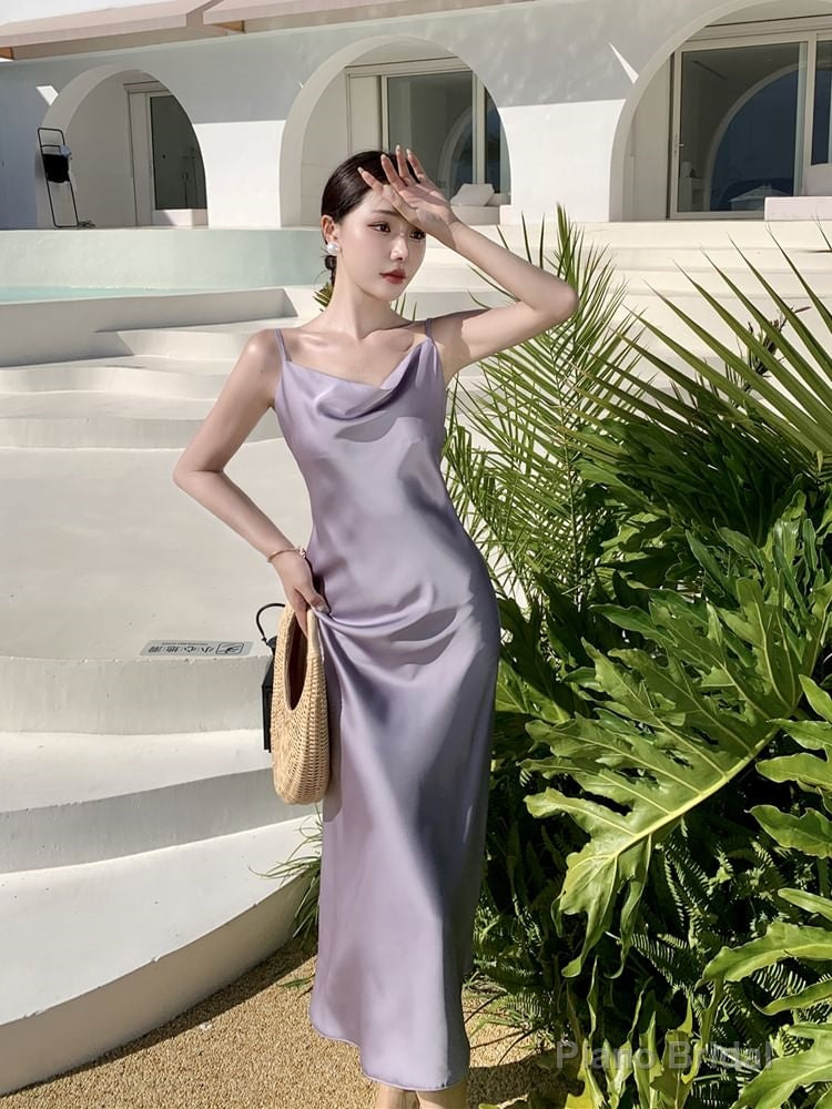 Spaghetti Strap Cowl Neck Plain Open Back Satin Midi A-Line Prom Dress Secondary image