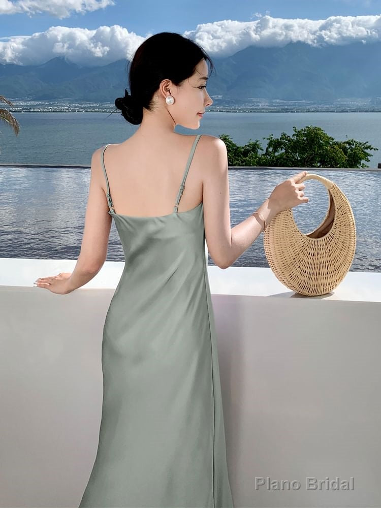 Spaghetti Strap Cowl Neck Plain Open Back Satin Midi A-Line Prom Dress