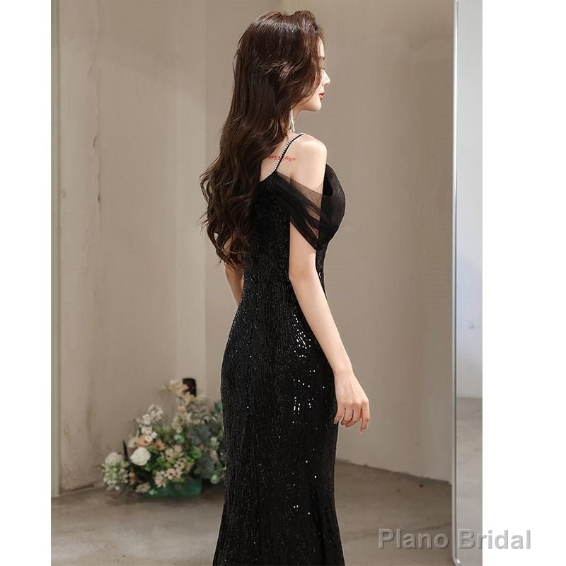 Short-Sleeve Cold Shoulder Plain Sequin Ruffle Slit Mesh A-Line Evening Gown