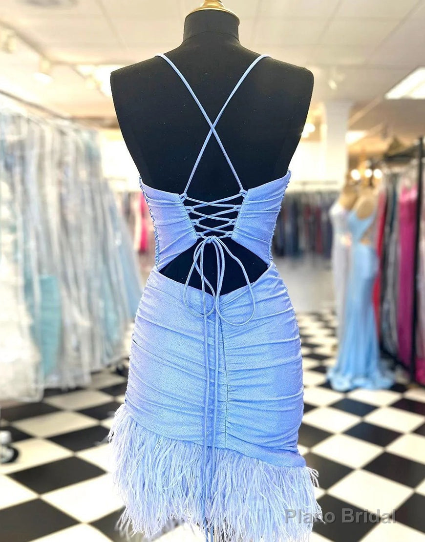 Light Blue Spaghetti Straps Tight Homecoming Dress With Feather