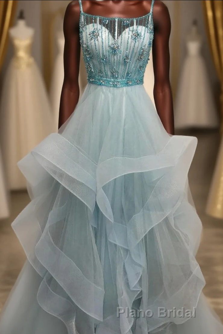 Light Green Spaghetti Straps Tulle Formal Prom Dresses with Beading Crystal Main image
