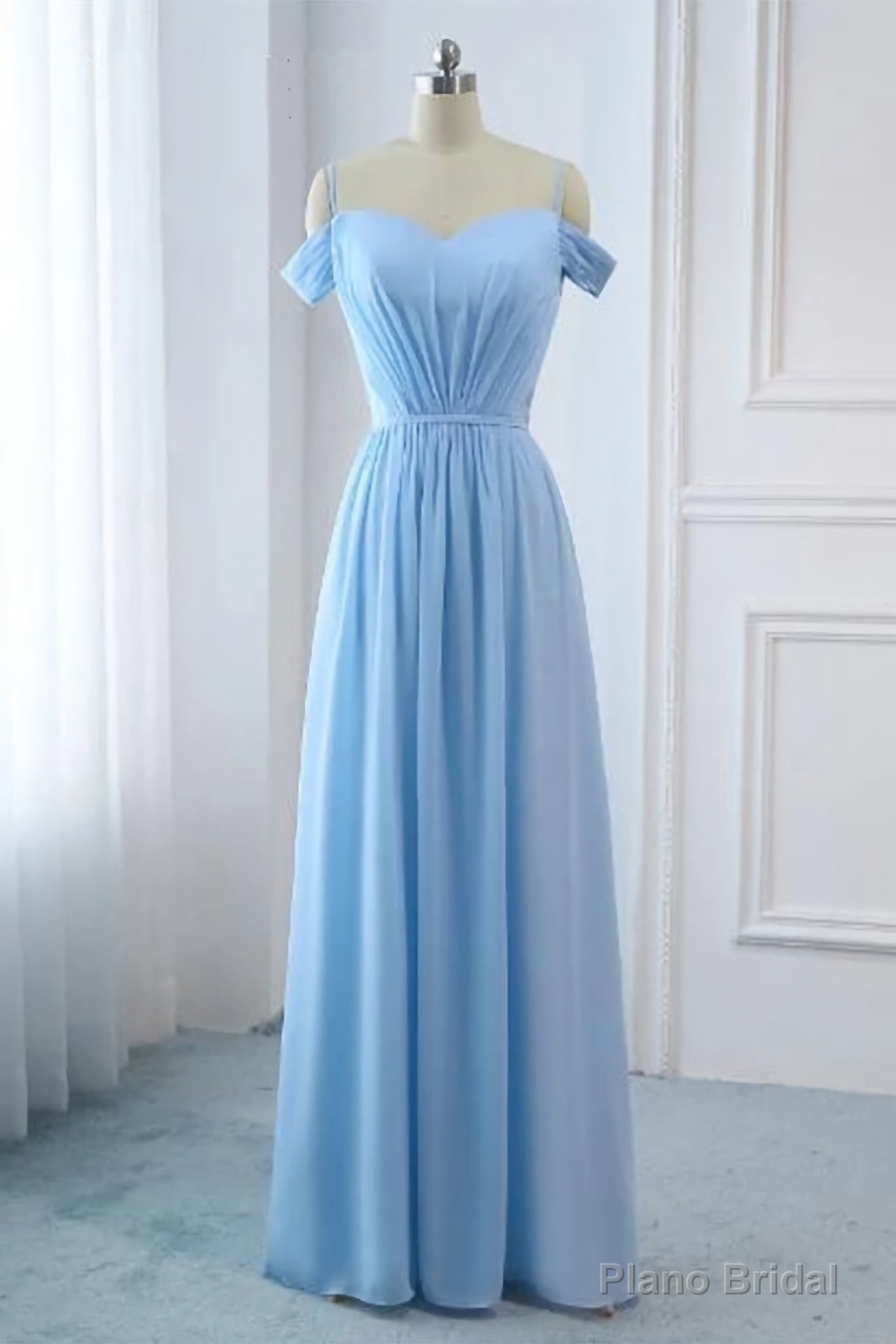 Light Sky Blue A Line Off The Shoulder Natural Waist Ruched Prom Dress, Lace Up Party Dress Main image