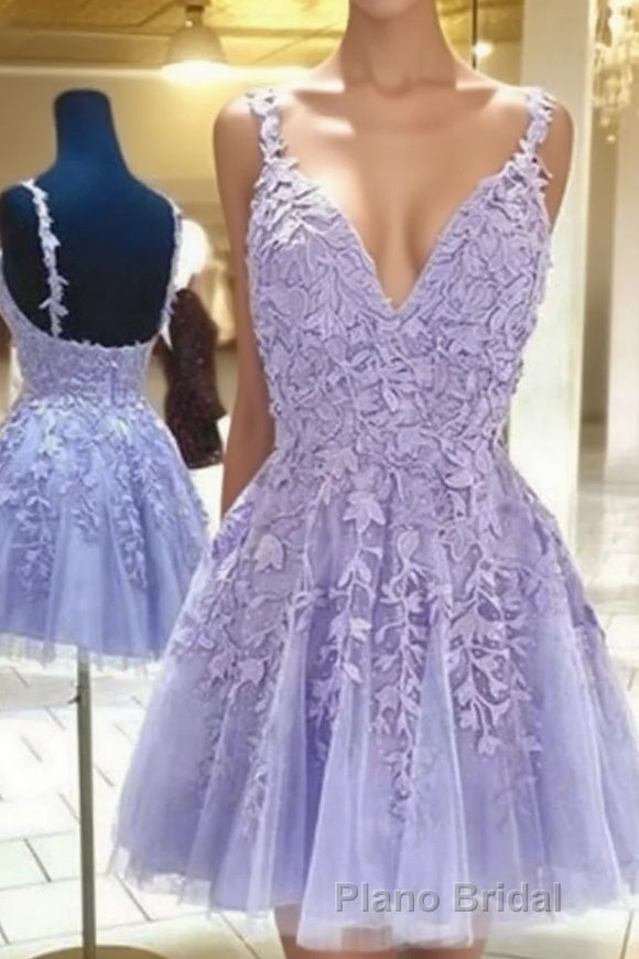 Lilac A-Line Spaghetti Straps Homecoming Dresses With Appliques Main image