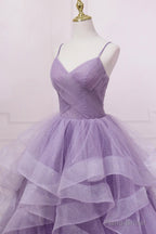 Purple Tulle Long Prom Dress, A-Line Spaghetti Strap Evening Gown