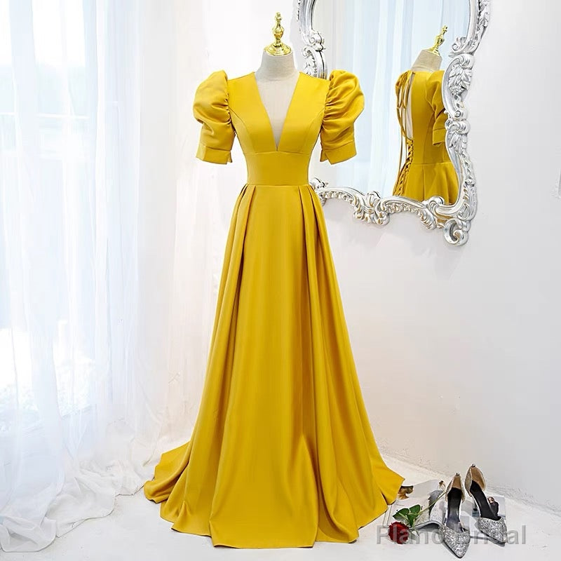 Open Back Yellow Prom Dress with Sleeves Secondary image