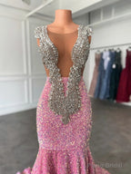 Glamorous Sparkly Sequins Prom Dresses, Deep V-Neck Sleeveles Stretch Satin Mermaid Prom Dress