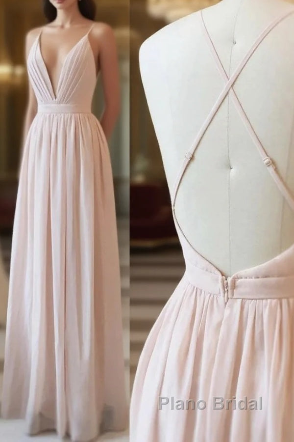 Simple V-neck Zipper Back Floor Length Pink Chiffon Long Elegant Bridesmaid Dresses Main image