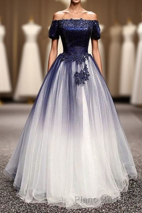 Modest Royal Blue Long Flowy Evening Formal Prom Dresses With Lace Appliques