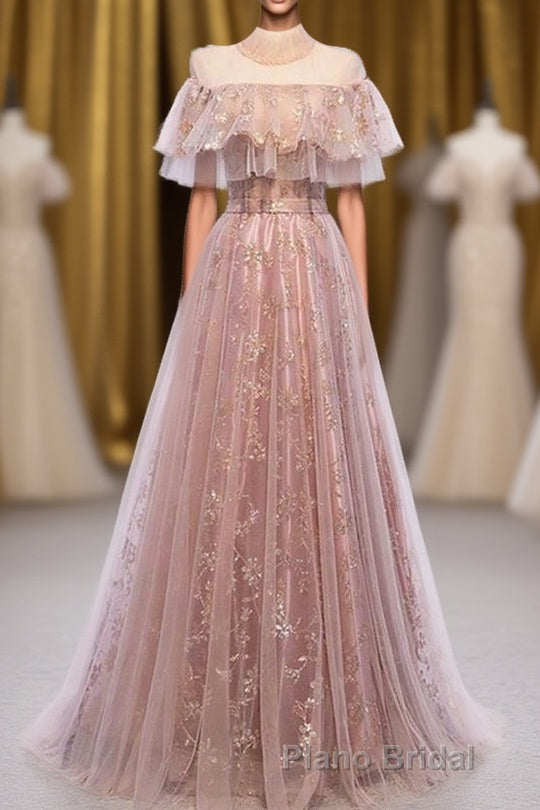 Elegant High Neck Vintage Long Lace Up Formal Prom Dresses Flowy Party Gowns