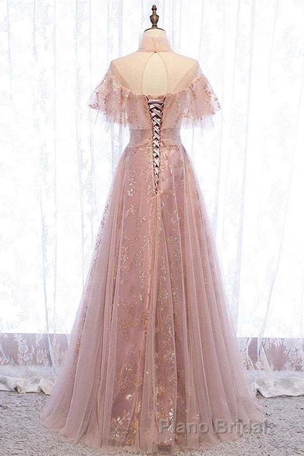 Elegant High Neck Vintage Long Lace Up Formal Prom Dresses Flowy Party Gowns