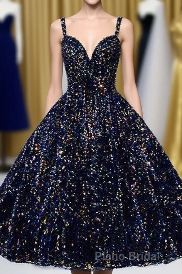 Glitter Spaghetti Straps Cute Short Formal Prom Dresses Tight Tea Length Homecoming Dresses