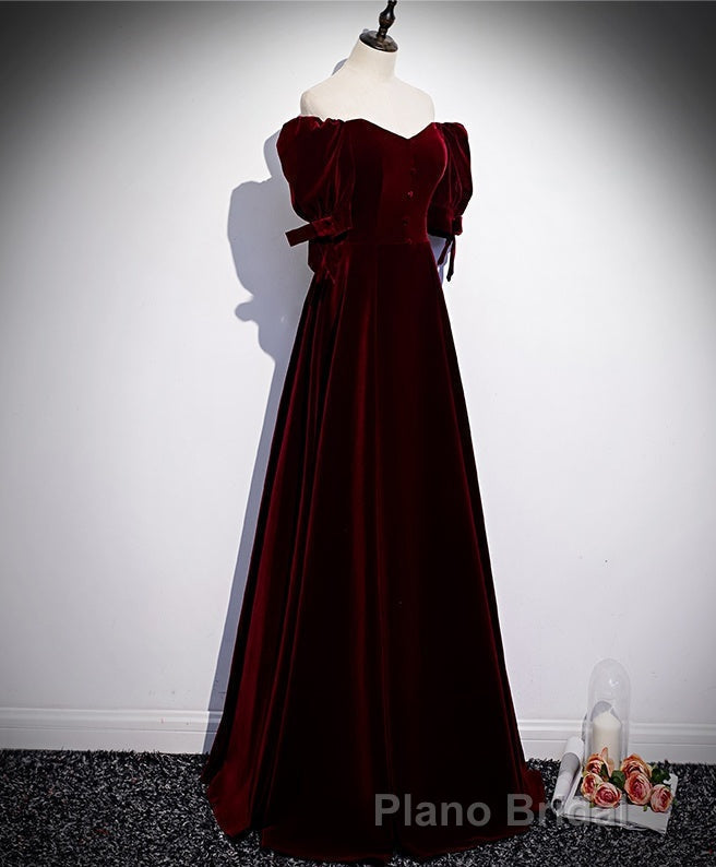 Modest Charming Burgundy Long Formal Prom Dresses Vintage Evening Dresses With Bowknot