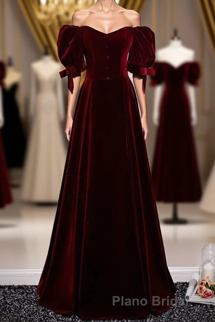 Modest Charming Burgundy Long Formal Prom Dresses Vintage Evening Dresses With Bowknot