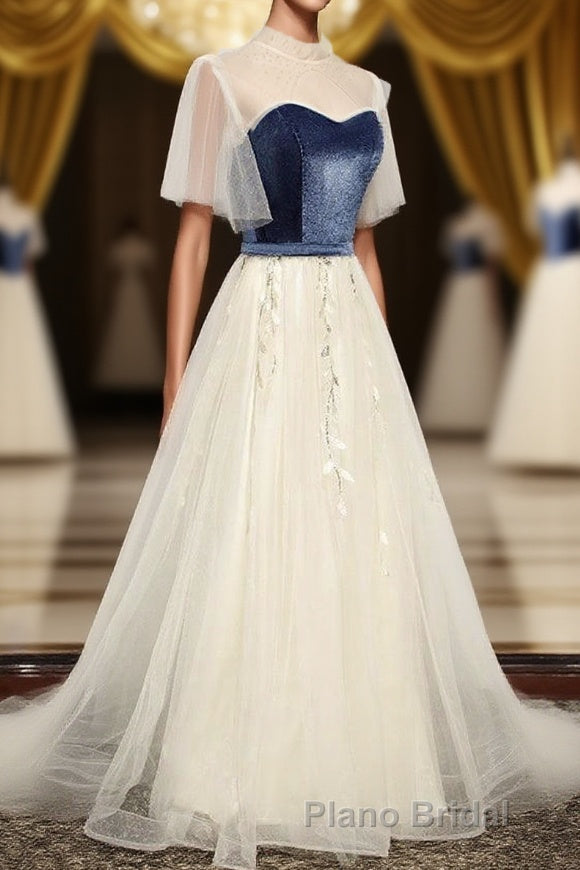 Elegant Ivory And Blue Flowy Princess Formal Prom Dresses For Teens Long Homecoming Dresses Main image
