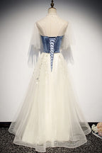 Elegant Ivory And Blue Flowy Princess Formal Prom Dresses For Teens Long Homecoming Dresses