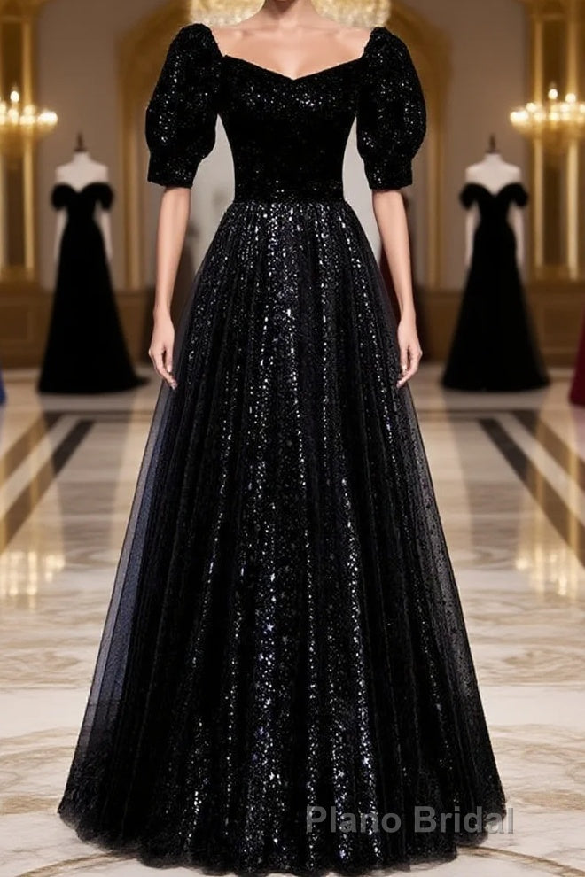 Modest Sparkly Black Long A-line Formal Prom Dresses With Sleeves Evening Gowns Main image