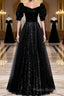 Modest Sparkly Black Long A-line Formal Prom Dresses With Sleeves Evening Gowns