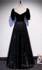 Modest Sparkly Black Long A-line Formal Prom Dresses With Sleeves Evening Gowns