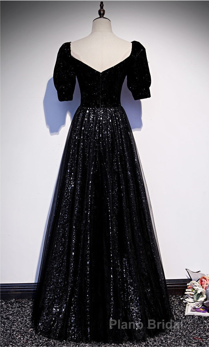 Modest Sparkly Black Long A-line Formal Prom Dresses With Sleeves Evening Gowns