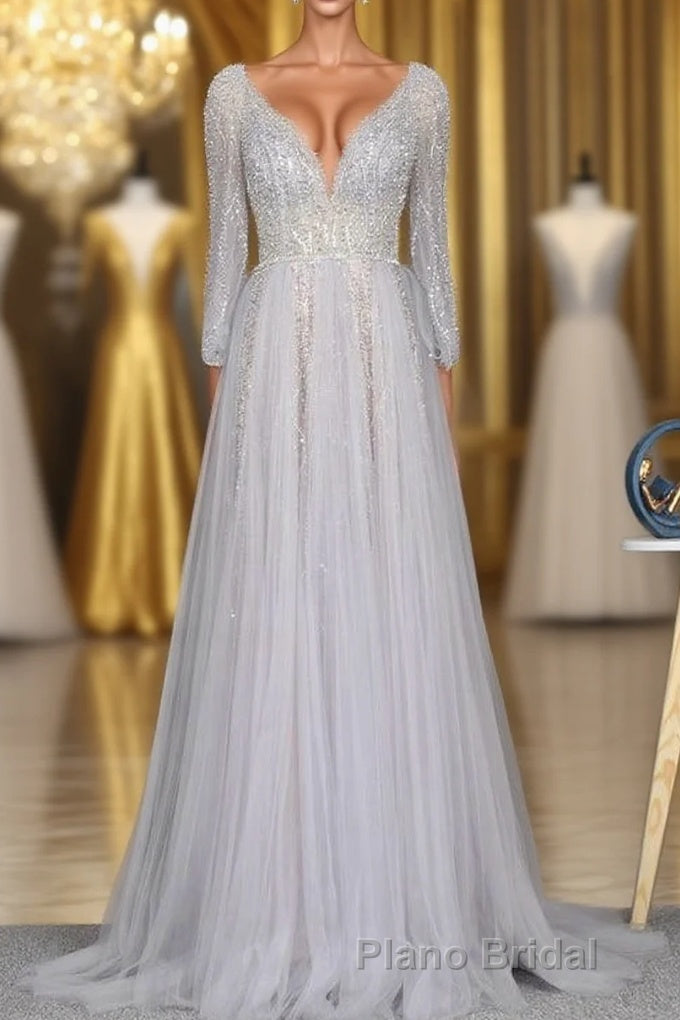 Amazing Long Gray Beading Formal Prom Dresses Modest Evening Gowns Main image