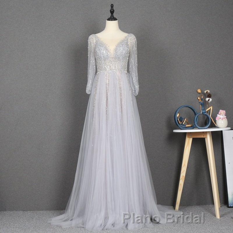 Amazing Long Gray Beading Formal Prom Dresses Modest Evening Gowns