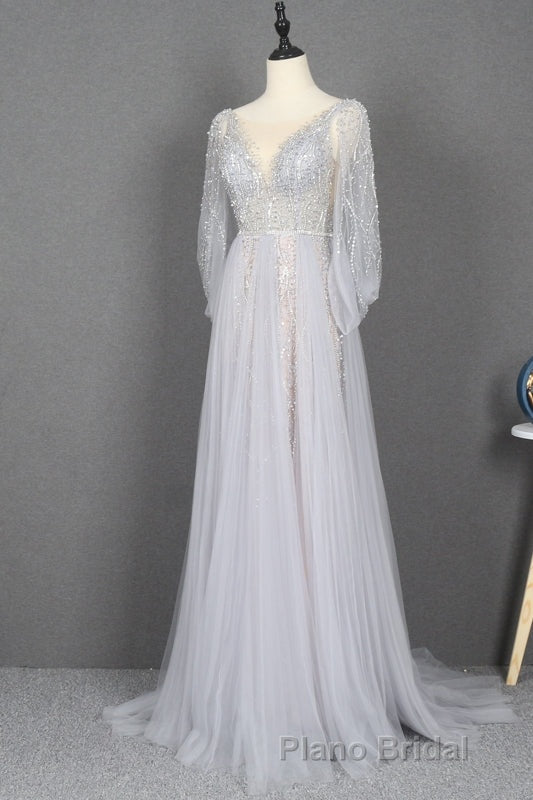 Amazing Long Gray Beading Formal Prom Dresses Modest Evening Gowns
