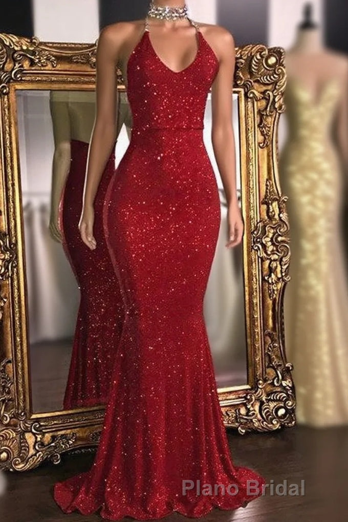 Glitter Halter Sheath Backless Long Formal Prom Dresses Fashion Dresses