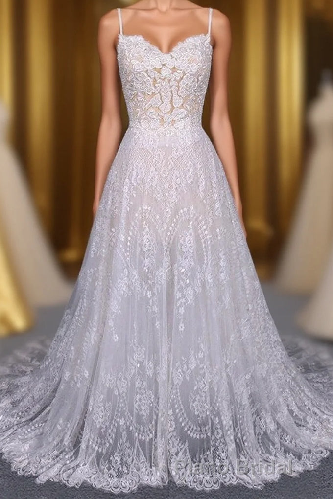 Charming Spaghetti Straps Long A-line Wedding Dresses Beach Wedding Dresses