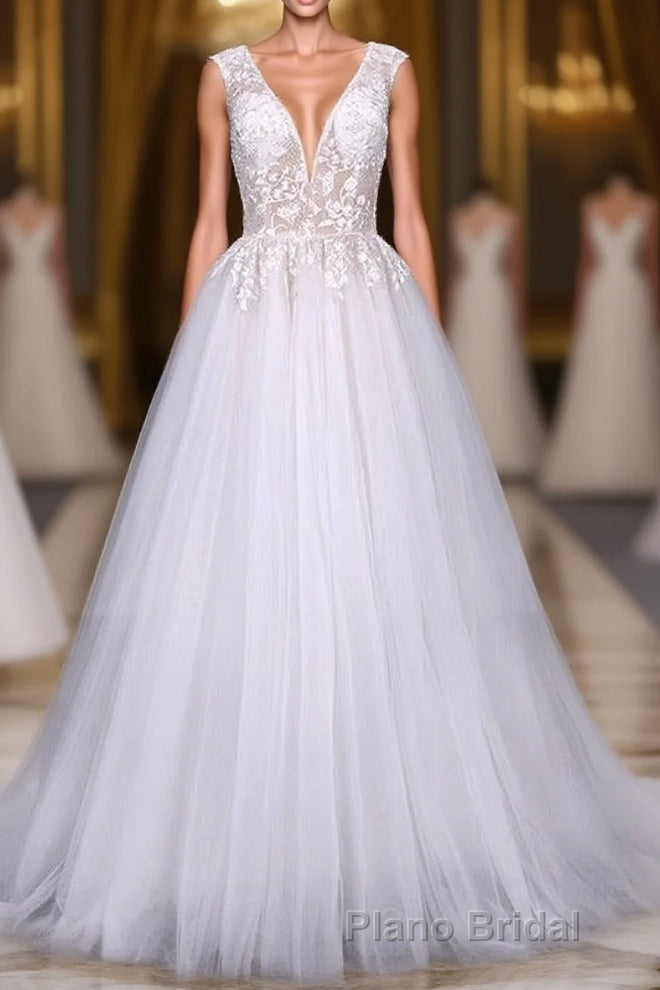 Flowy A-line Long V-neck Lace Tulle Beach Wedding Dresses Bridal Gowns Main image