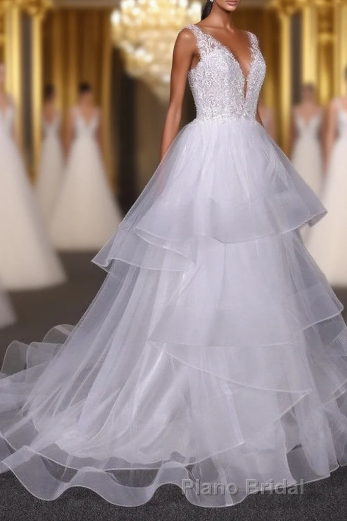 Charming V-neck Lace Wedding Dresses Elegant Backless Wedding Gowns