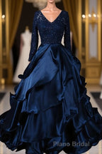 Formal V-neck Beading Lace Satin Backless Ball Gown Formal Prom Dresses With Sleeves