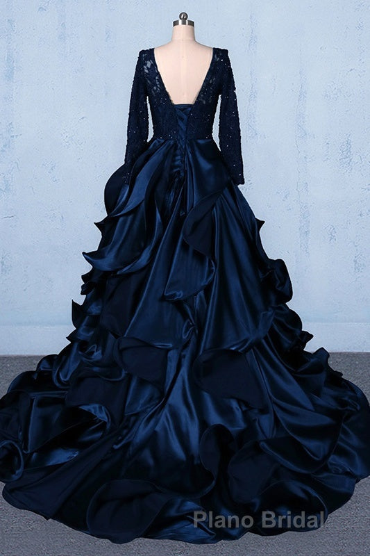 Formal V-neck Beading Lace Satin Backless Ball Gown Formal Prom Dresses With Sleeves Secondary image
