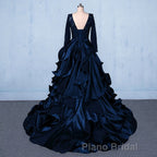 Formal V-neck Beading Lace Satin Backless Ball Gown Formal Prom Dresses With Sleeves