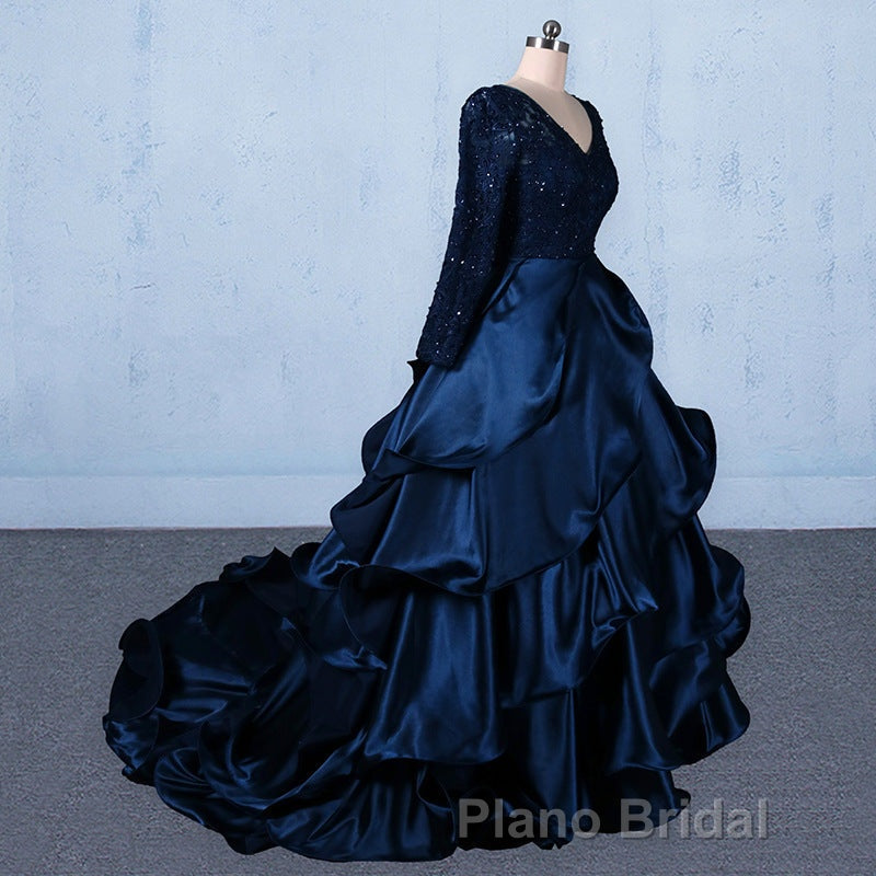 Formal V-neck Beading Lace Satin Backless Ball Gown Formal Prom Dresses With Sleeves