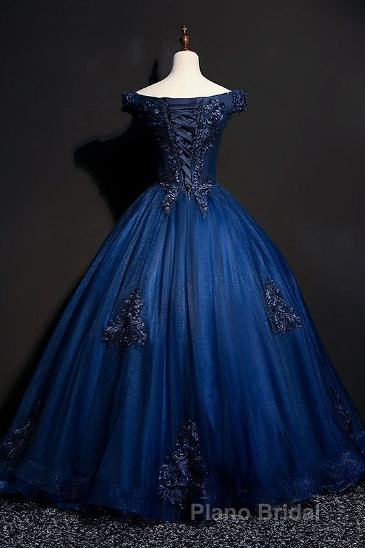 Off The Shoulder Lace Up Floor Length Princess Formal Prom Dresses With Lace Appliques Secondary image