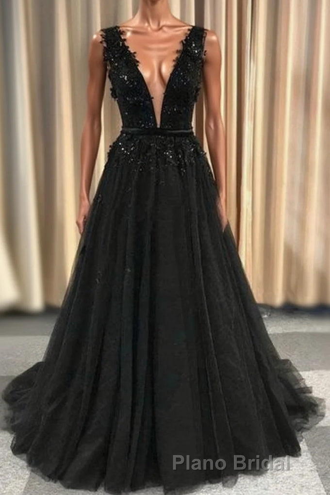 Formal Deep V-neck Long Black Party Formal Prom Dresses With Lace Appliques Main image
