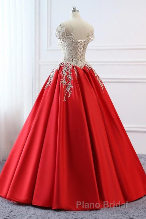Modest Red Cap Sleeves Ball Gowns Lace Satin Formal Prom Dresses Evening Dresses