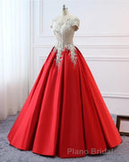 Modest Red Cap Sleeves Ball Gowns Lace Satin Formal Prom Dresses Evening Dresses