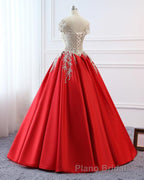 Modest Red Cap Sleeves Ball Gowns Lace Satin Formal Prom Dresses Evening Dresses