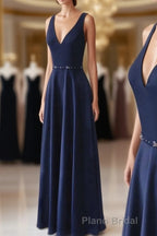 Navy Blue V-neck Floor Length Simple Cute Long Formal Prom Dresses