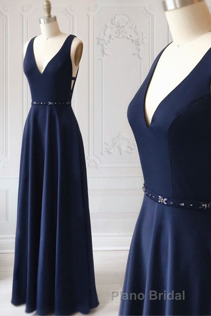Navy Blue V-neck Floor Length Simple Cute Long Formal Prom Dresses Secondary image