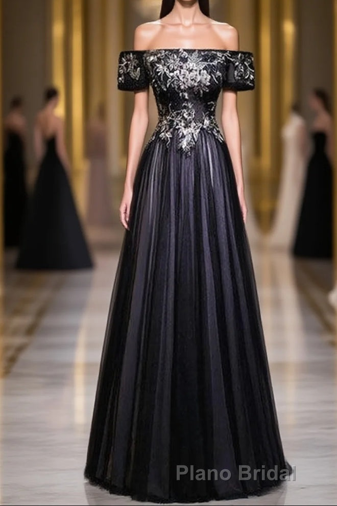 Beauty Off The Shoulder Floor Length Lace Up Long Black Formal Prom Dresses With Appliques Main image