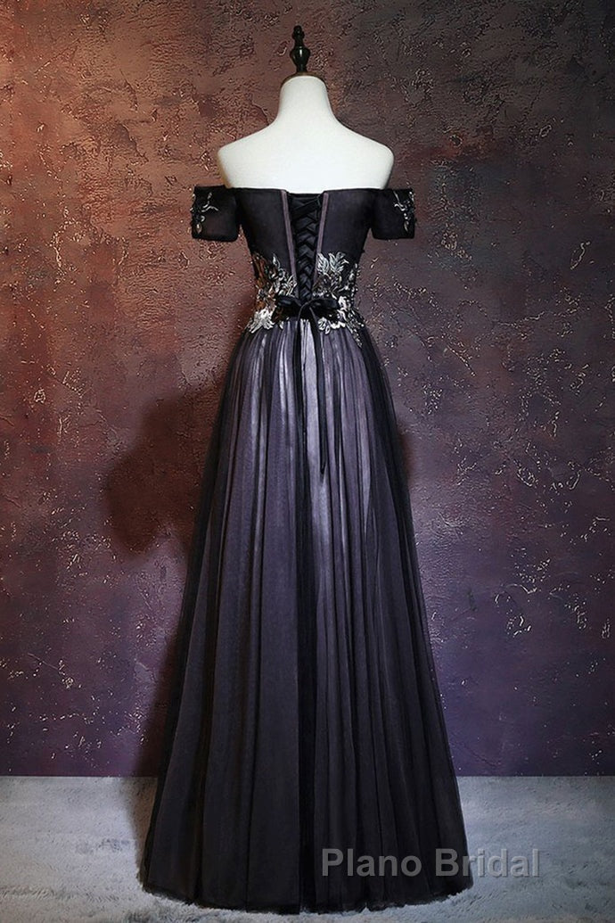 Beauty Off The Shoulder Floor Length Lace Up Long Black Formal Prom Dresses With Appliques Secondary image