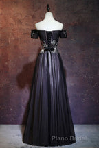 Beauty Off The Shoulder Floor Length Lace Up Long Black Formal Prom Dresses With Appliques