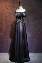 Beauty Off The Shoulder Floor Length Lace Up Long Black Formal Prom Dresses With Appliques